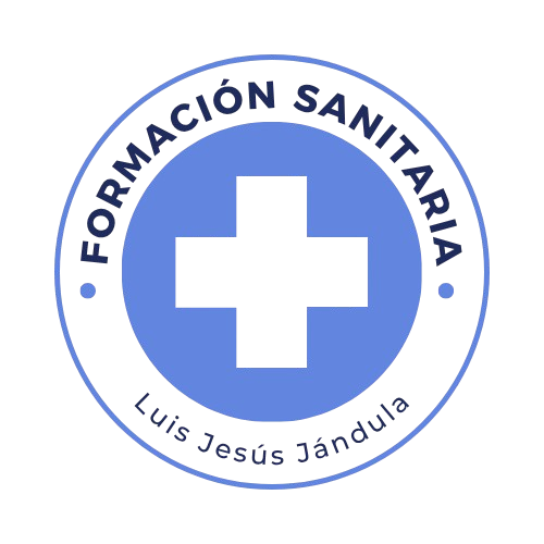 Logo de Formación Sanitaria con cruz médica azul y texto circular - Luis Jesús Jándula